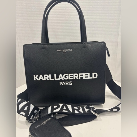 SALE- Karl Lagerfeld Paris Logo Satchel with Detachable Strap & Zip Pouch NWT - Picture 1 of 6